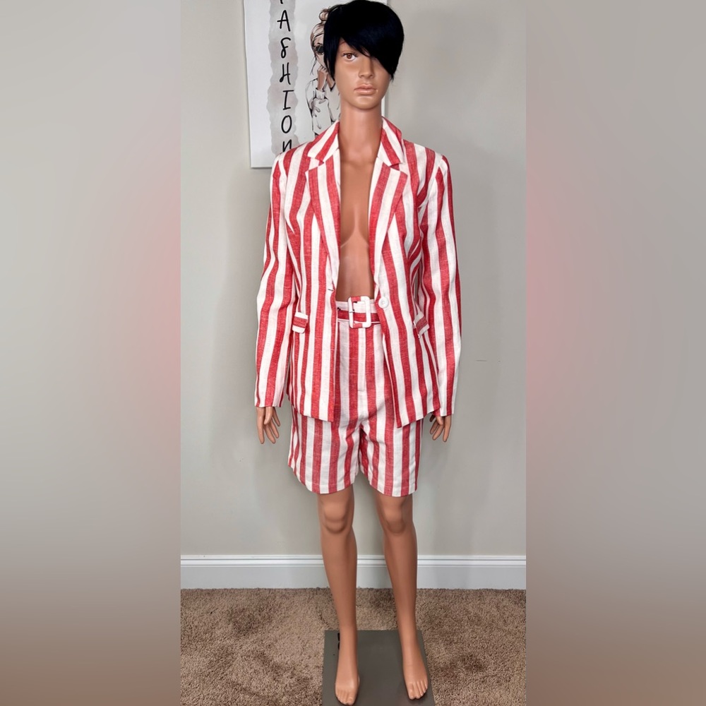 Red and White Pinstripe Blazer with Matching Shorts